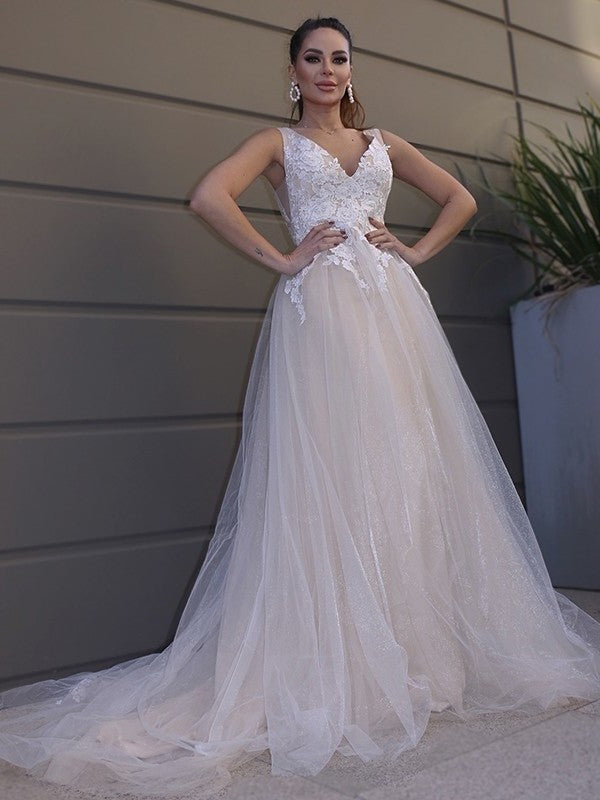 Sweep/Brush Applique Sleeveless A-Line/Princess V-neck Tulle Train Wedding Dresses