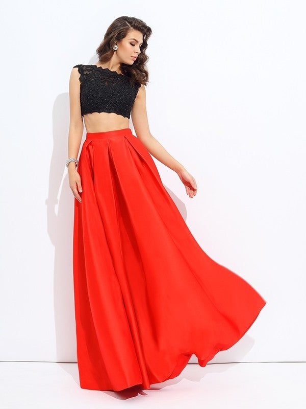 A-line/Princess Scoop Lace Sleeveless Long Satin Two Piece Dresses