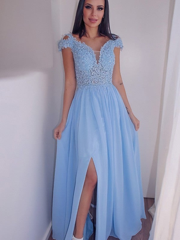 Off-the-Shoulder Sleeveless A-Line/Princess Floor-Length Chiffon Applique Dresses