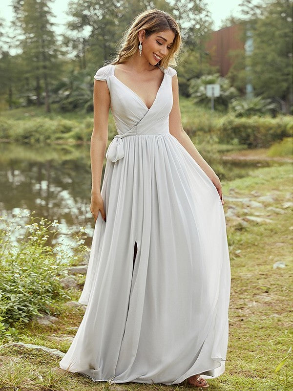 V-neck Sleeveless Ruffles A-Line/Princess Chiffon Floor-Length Bridesmaid Dresses