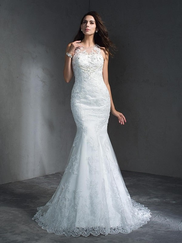 Long Applique Scoop Sleeveless Trumpet/Mermaid Lace Wedding Dresses