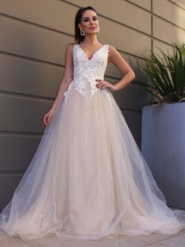 Sweep/Brush Applique Sleeveless A-Line/Princess V-neck Tulle Train Wedding Dresses