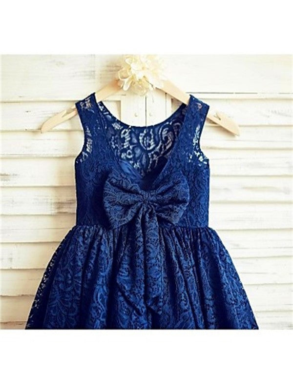 Lace A-line/Princess Tea-Length Scoop Sleeveless Bowknot Flower Girl Dresses
