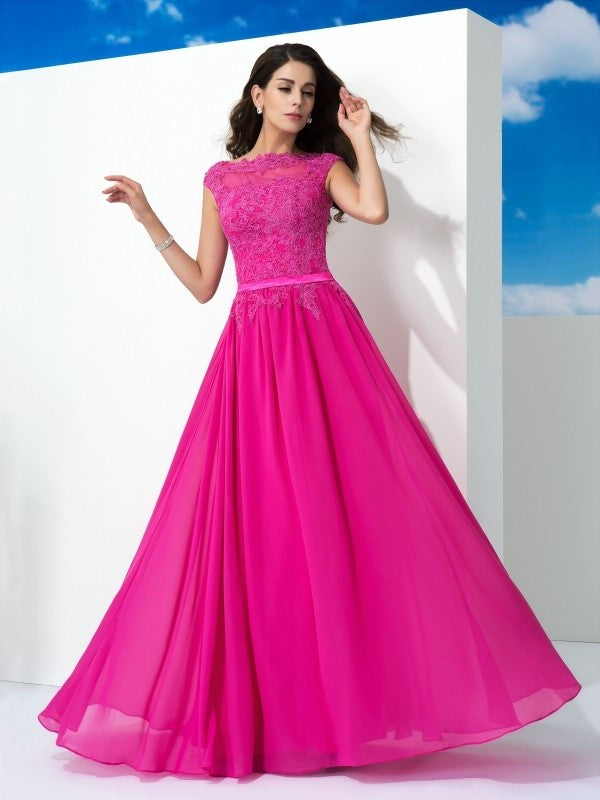 Sheer Sleeveless A-Line/Princess Lace Neck Long Chiffon Dresses