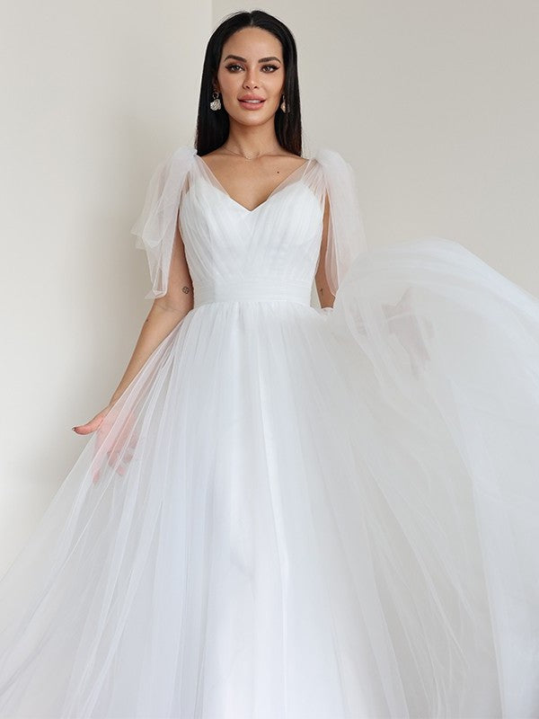 Ruffles Tulle Sleeveless A-Line/Princess V-neck Floor-Length Wedding Dresses