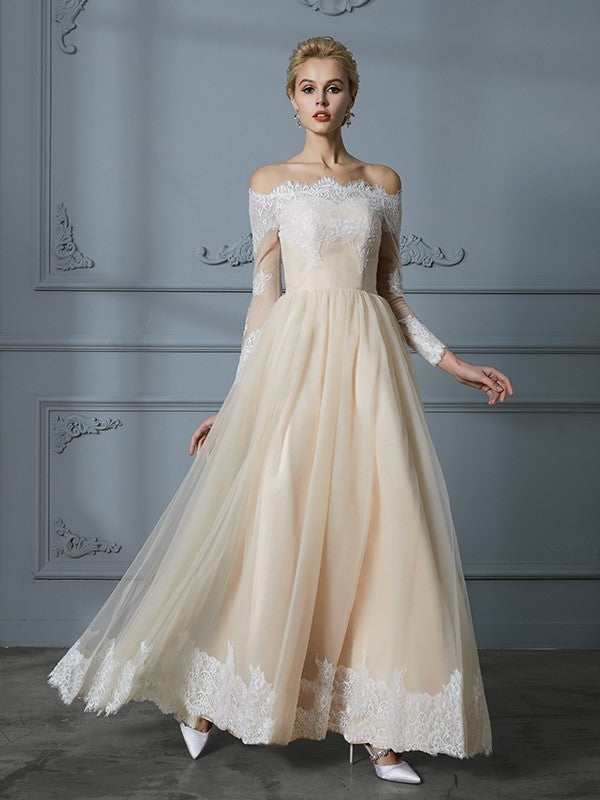 Off-the-Shoulder Lace A-Line/Princess Long Sleeves Floor-Length Tulle Wedding Dresses