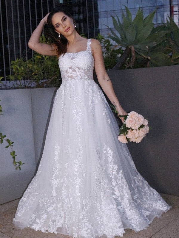 Applique Sweep/Brush Sleeveless A-Line/Princess Square Lace Train Wedding Dresses