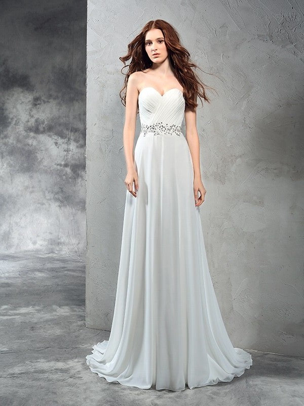 Sweetheart A-Line/Princess Pleats Long Sleeveless Chiffon Wedding Dresses