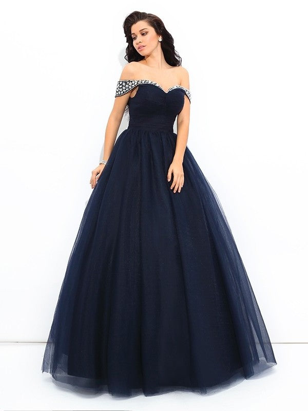 Off-the-Shoulder Gown Sleeveless Long Ball Beading Net Quinceanera Dresses