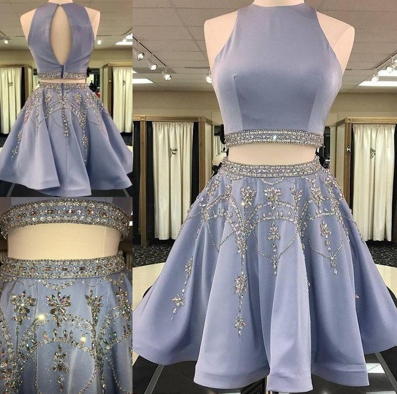 Beading A-Line/Princess Short/Mini Sleeveless Satin Bateau Two Piece Dresses