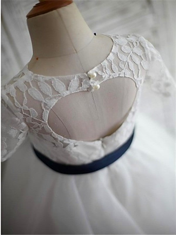 Tea-Length Tulle Scoop Sleeves Sash/Ribbon/Belt A-line/Princess 1/2 Flower Girl Dresses