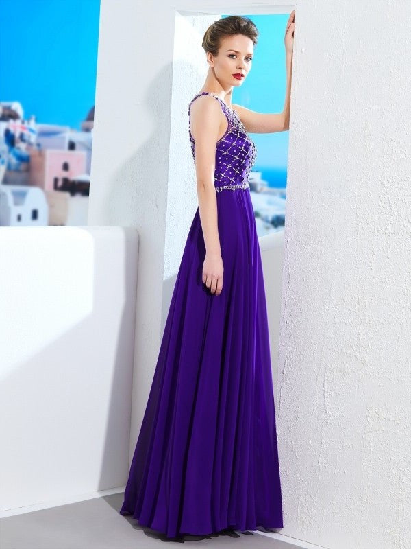 A-Line/Princess Chiffon Sleeveless Scoop Crystal Floor-Length Dresses