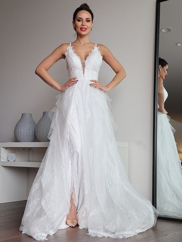 Sweep/Brush Lace Sleeveless V-neck A-Line/Princess Ruffles Train Wedding Dresses