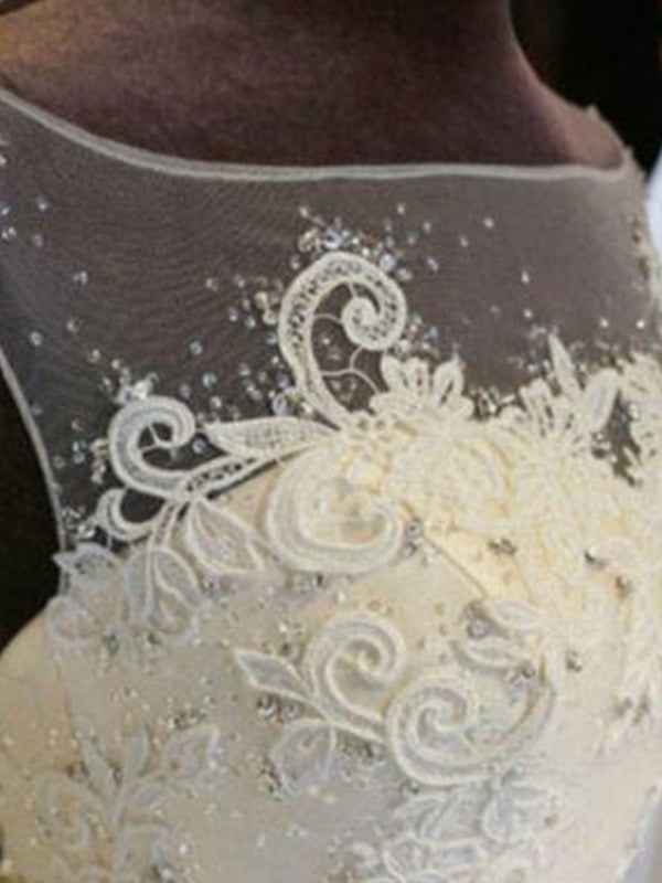 Applique Gown Sleeveless Sash/Ribbon/Belt Off-the-Shoulder Train Ball Beading Sweep/Brush Lace Wedding Dresses