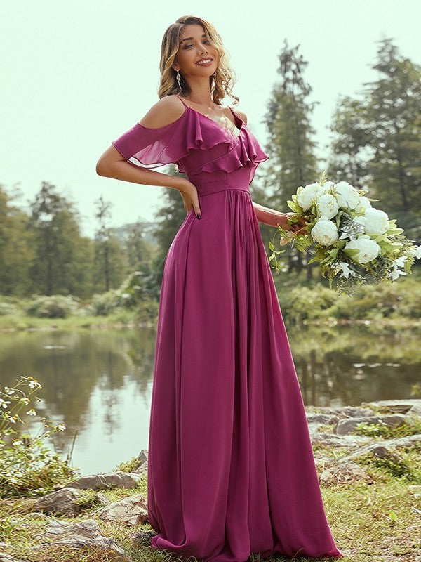 Chiffon Ruffles Sleeveless A-Line/Princess V-neck Floor-Length Bridesmaid Dresses