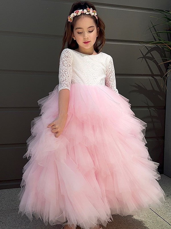 A-Line/Princess Sleeves Scoop Tulle 3/4 Lace Ankle-Length Flower Girl Dresses