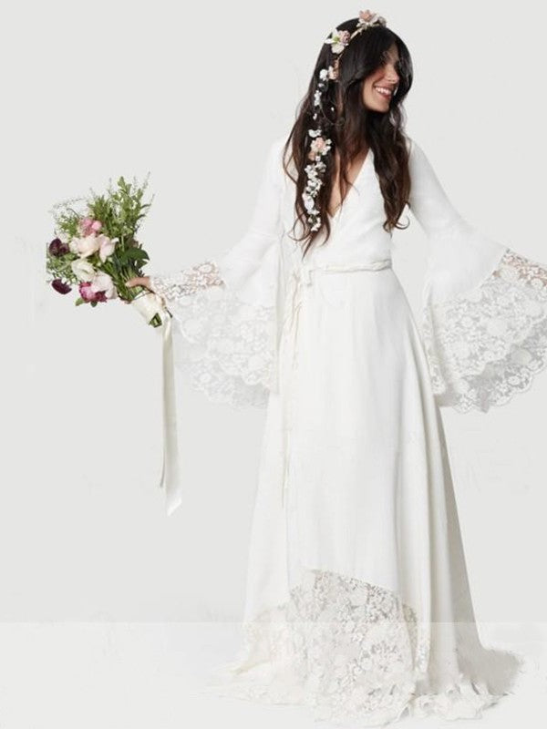 A-Line/Princess Lace Long Chiffon Sash/Ribbon/Belt Sleeves Sweep/Brush V-neck Train Wedding Dresses