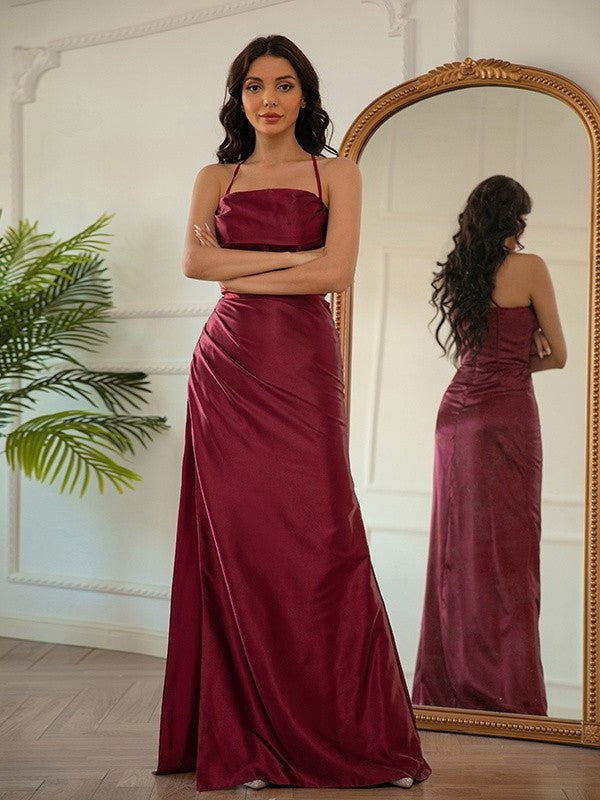 Satin Ruched Sheath/Column Halter Elastic Woven Sleeveless Floor-Length Dresses
