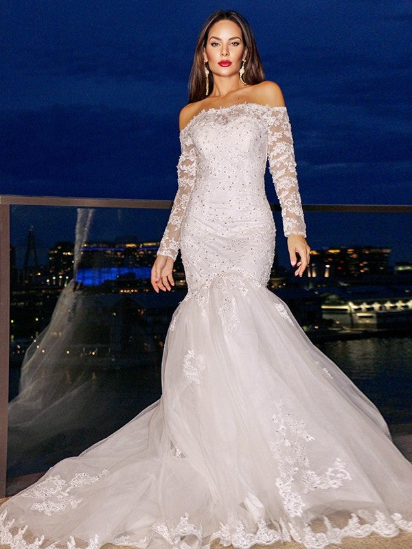 Tulle Lace Off-the-Shoulder Sleeves Long Sweep/Brush Trumpet/Mermaid Train Wedding Dresses