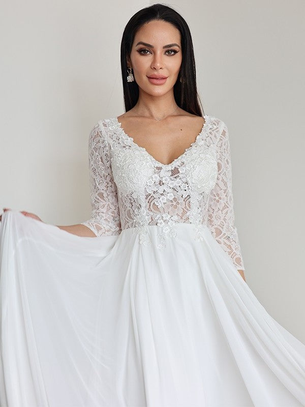 3/4 A-Line/Princess Chiffon Sleeves Lace V-neck Floor-Length Wedding Dresses