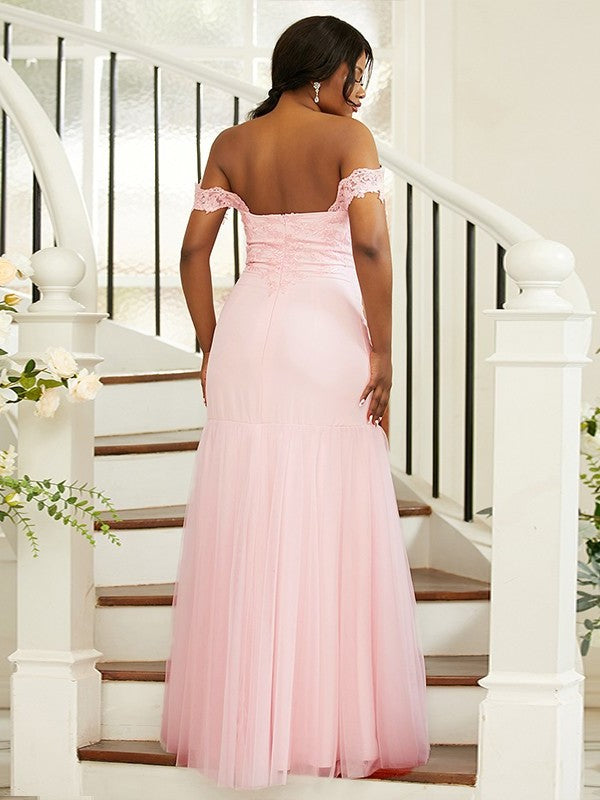 Stretch Lace Crepe Off-the-Shoulder Sleeveless Sheath/Column Floor-Length Bridesmaid Dresses