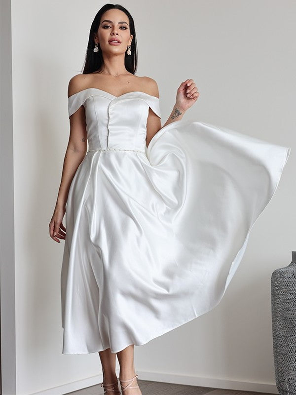 Satin Sleeveless Off-the-Shoulder A-Line/Princess Ruffles Tea-Length Wedding Dresses