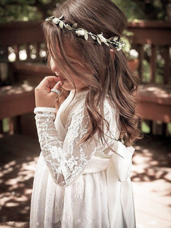 Long Sleeves Bowknot A-Line/Princess Lace Floor-Length Jewel Flower Girl Dresses