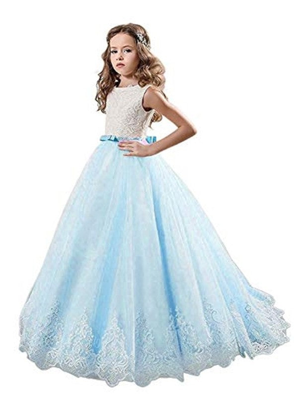 Jewel Sweep/Brush Lace Train Sleeveless Tulle Ball Gown Flower Girl Dresses