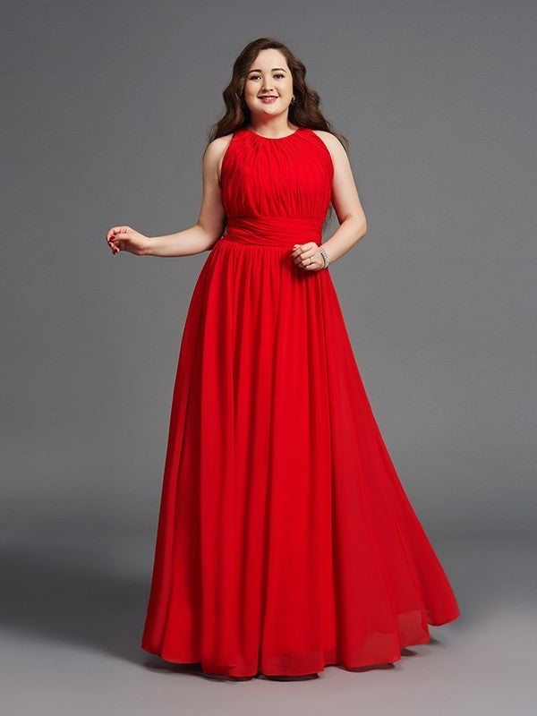 Jewel Sleeveless Ruched Long A-Line/Princess Chiffon Plus Size Dresses