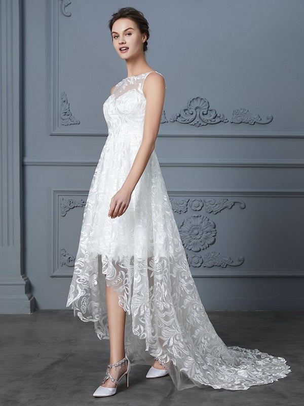 A-Line/Princess Scoop Asymmetrical Sleeveless Lace Wedding Dresses