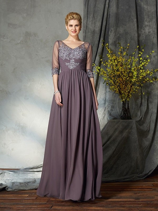 Chiffon A-Line/Princess Long V-neck Sleeves of Mother 1/2 the Bride Dresses