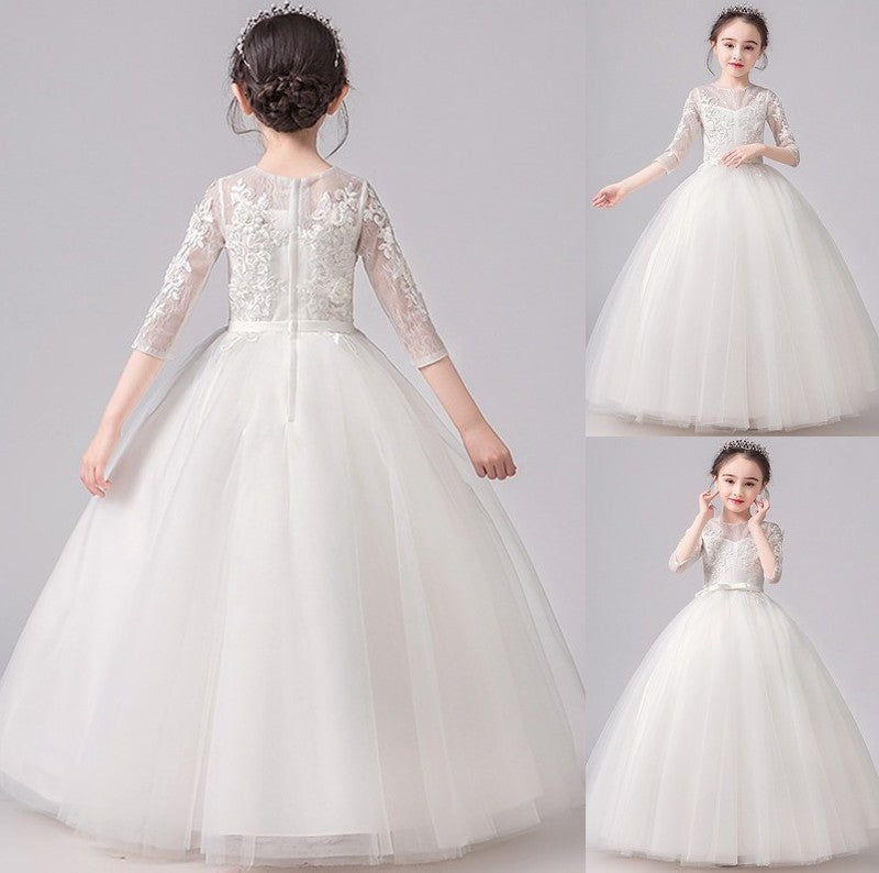 Floor-Length Sleeves 3/4 Lace Bowknot A-Line/Princess Scoop Flower Girl Dresses
