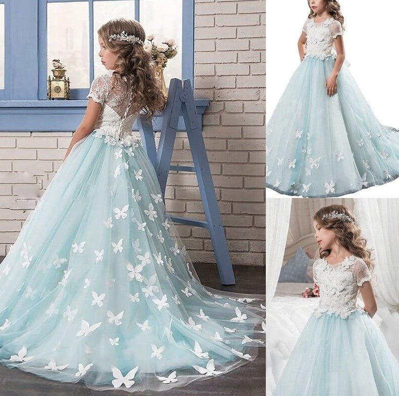 Short Tulle Floor-Length Scoop Sleeves Lace A-line/Princess Flower Girl Dresses