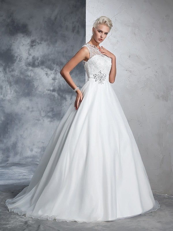 Gown Neck Ball Sheer Long Lace Sleeveless Net Wedding Dresses