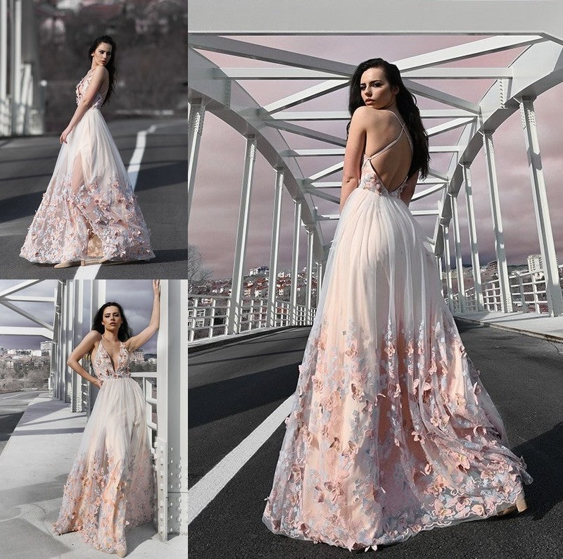 Tulle Floor-Length A-Line/Princess V-neck Sleeveless Applique Dresses