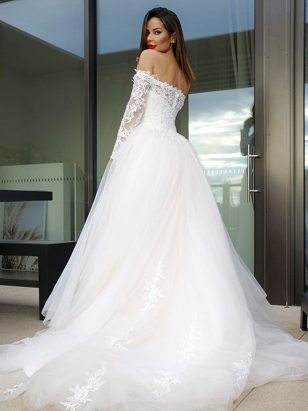 Applique Long Tulle Court A-Line/Princess Off-the-Shoulder Sleeves Train Wedding Dresses