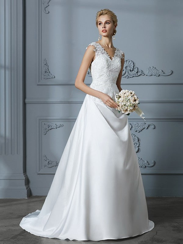 V-neck Sweep/Brush Train Sleeveless A-Line/Princess Applique Satin Wedding Dresses