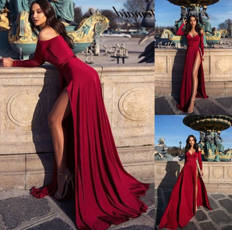 Sweep/Brush Long Off-the-Shoulder A-Line/Princess Ruched Sleeves Train Spandex Dresses