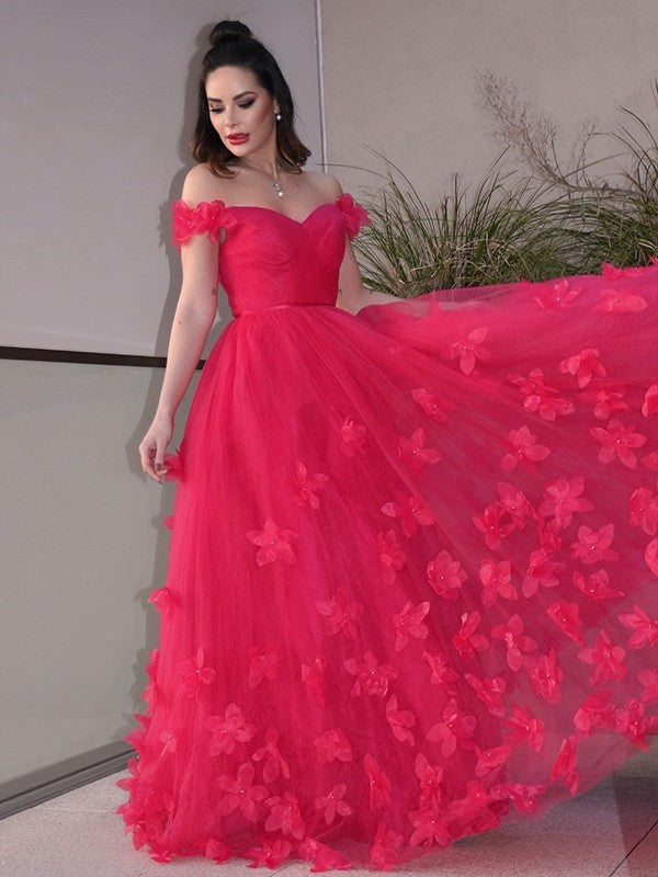 A-Line/Princess Off-the-Shoulder Hand-Made Tulle Flower Sleeveless Floor-Length Dresses