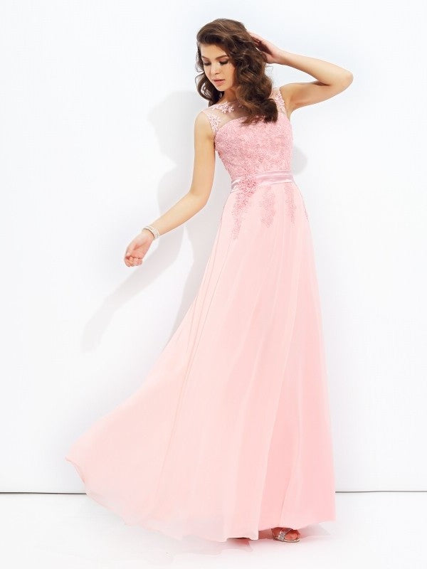Scoop A-line/Princess Sleeveless Applique Long Chiffon Dresses