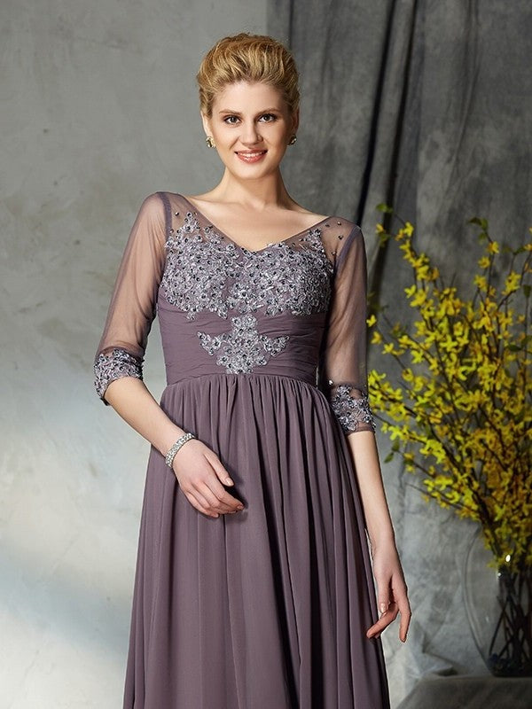 Chiffon A-Line/Princess Long V-neck Sleeves of Mother 1/2 the Bride Dresses