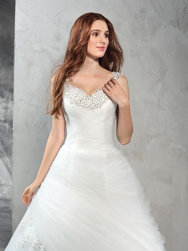 Ball Long Applique Straps Gown Sleeveless Net Wedding Dresses