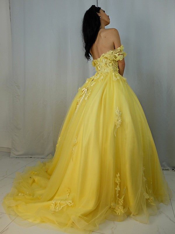 Gown Sleeveless Tulle Ball Applique Off-the-Shoulder Sweep/Brush Train Dresses