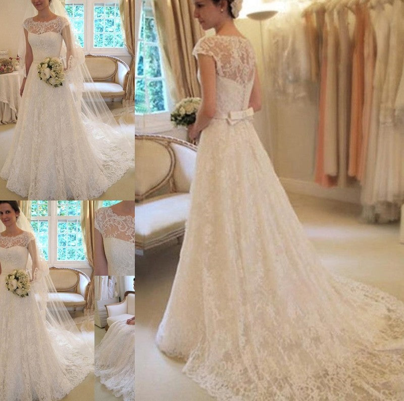 Court Sash/Ribbon/Belt Sleeves Square Short A-Line/Princess Applique Train Lace Wedding Dresses