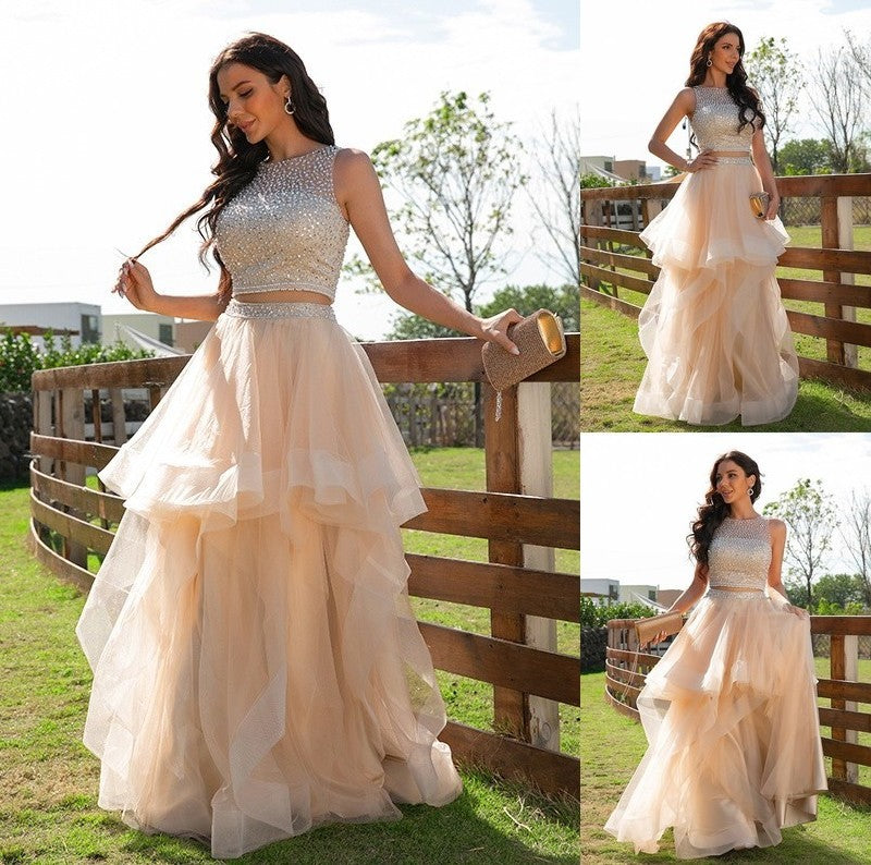 Sleeveless Tulle A-Line/Princess Floor-Length Scoop Beading Two Piece Dresses