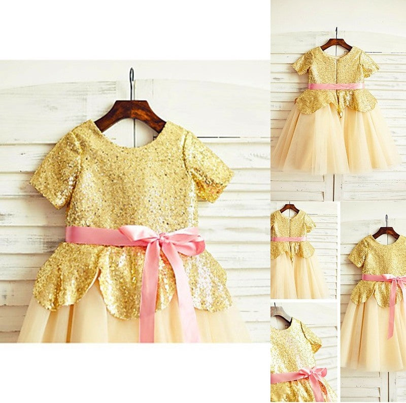 Scoop Sleeves Tea-Length Tulle Short Sequin A-line/Princess Flower Girl Dresses