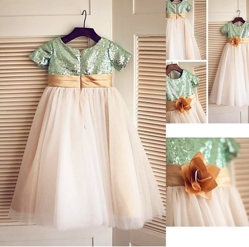 Sequin A-line/Princess Short Scoop Sleeves Tulle Tea-Length Flower Girl Dresses
