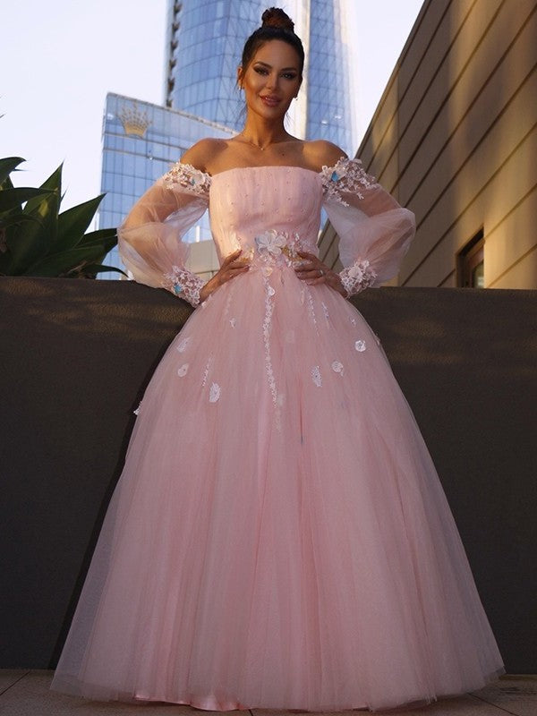 Ball Long Flower Gown Tulle Sleeves Hand-Made Off-the-Shoulder Floor-Length Dresses
