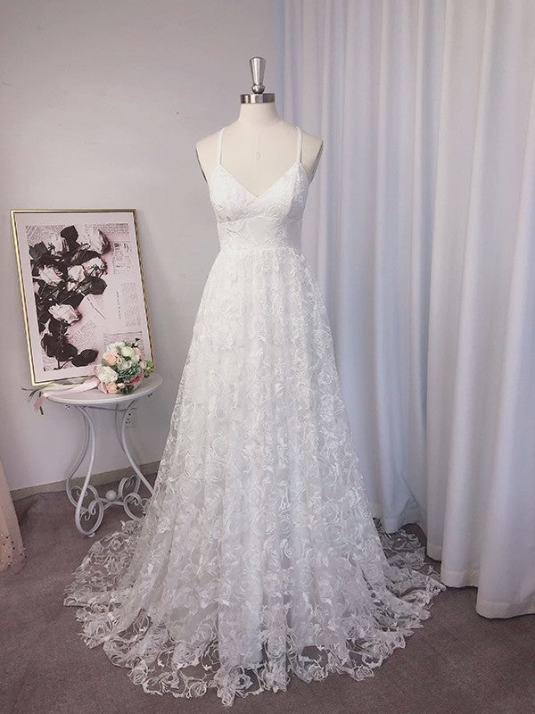Sleeveless A-Line/Princess V-neck Sweep/Brush Applique Lace Train Wedding Dresses