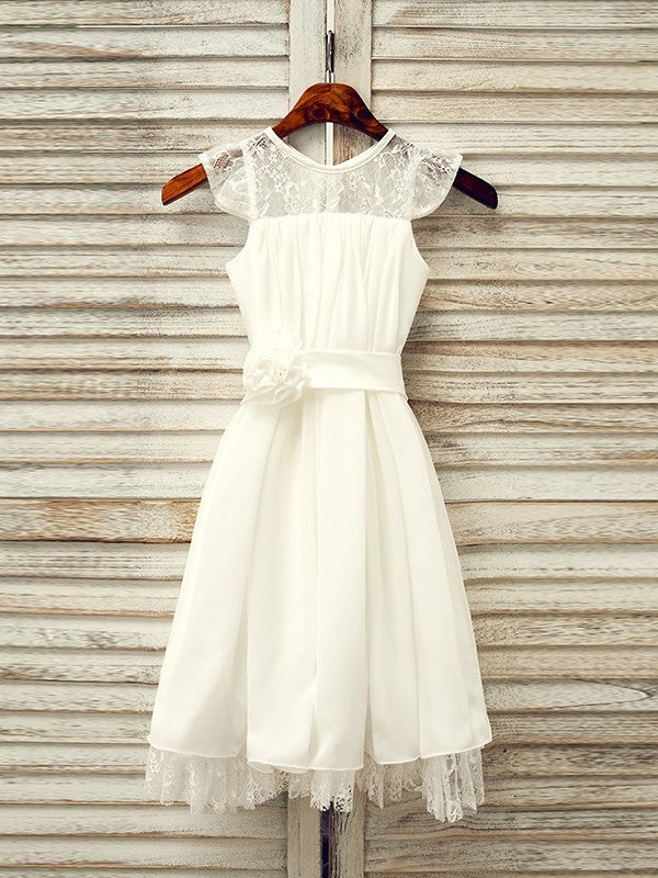 Tea-Length Lace Chiffon A-Line/Princess Sleeveless Scoop Flower Girl Dresses